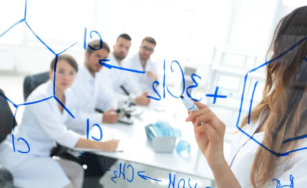 Female scientist makes a report to colleagues — Stock Photo, Image