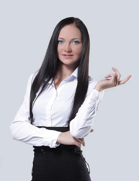 Mujer de negocios con el dedo hacia arriba posando sobre fondo blanco —  Fotos de Stock