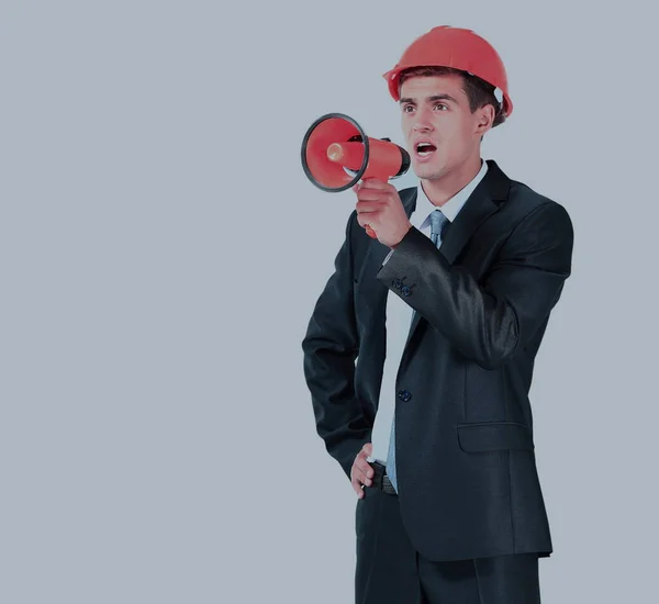 Hombre de negocios gritando en voz alta en un megáfono — Foto de Stock