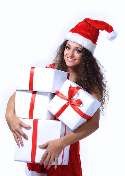 Mujer atractiva emocionada con muchas cajas de regalo y bolsas . — Foto de Stock