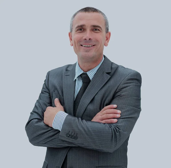 Framgångsrik glad affärsman i grå kostym och slips och — Stockfoto