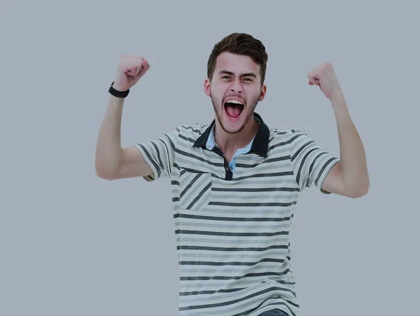 Cheering man with his arms raised up on gray background. — Stock Photo, Image