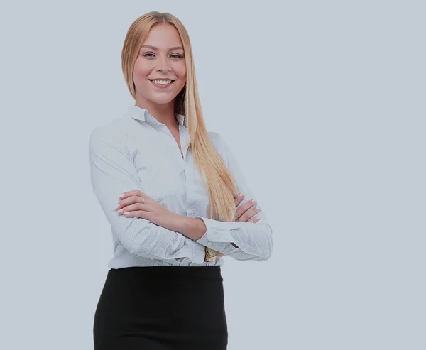 Retrato de jovem feliz sorridente empresária isolado contra w — Fotografia de Stock