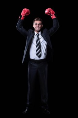 Kırmızı boks eldiven başarılı iş adamı