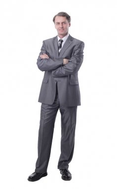 Tüm büyüme. Ceket tutan takım elbiseli ciddi adam