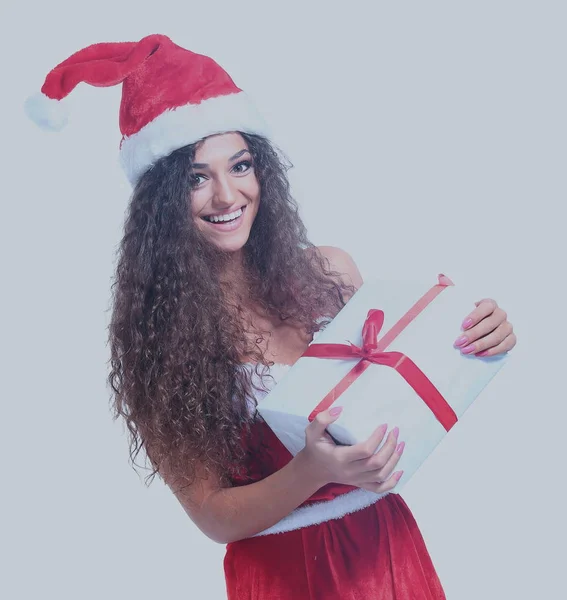 Natal Santa mulher isolada retrato segurar presente de Natal . — Fotografia de Stock