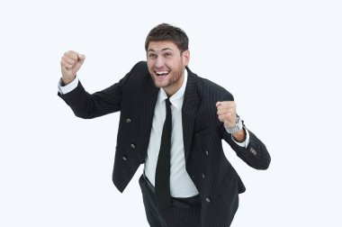 En baştan görüntüleyin. Kameraya bakarak mutlu işadamı