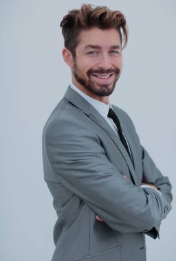 Bir gülümseyen yakışıklı işadamı portresi kadar beyaz üzerinde kapatın