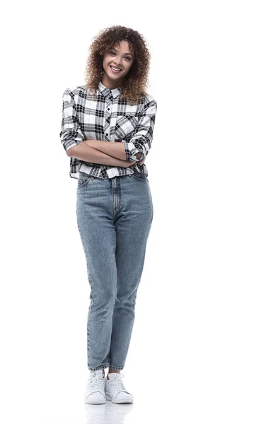 自信的年轻女子，穿着格子衬衫 — 图库照片