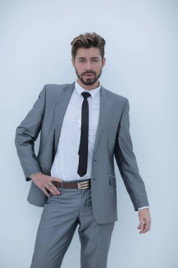 kalça, izole arka plan üzerinde elleriyle ciddi iş adamı