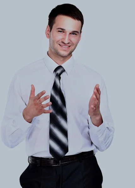 Sorridente uomo d'affari raccontando, isolato su bianco — Foto Stock