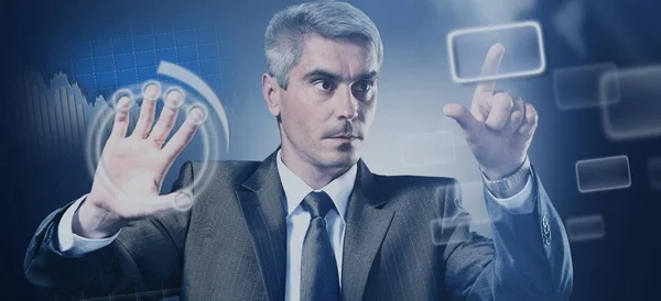 Business man pressing a virtual button — Stock Photo, Image