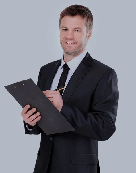 Ritratto di felice uomo d'affari sorridente con cartella marrone — Foto Stock