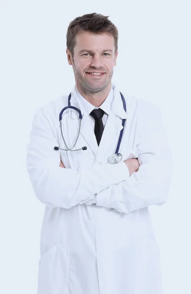 Porträtt av säker läkare på vit bakgrund — Stockfoto