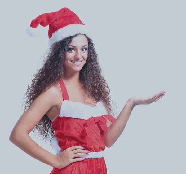 Fiatal karácsonyi nő Térkép fehér háttér — Stock Fotó