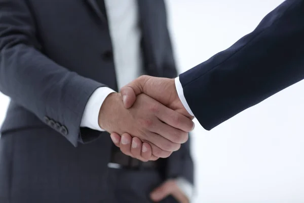 Close up of two young male business partner shake hand — Stock Photo, Image