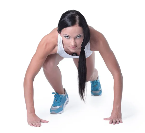 Mulher fitness atraente fazendo exercícios de ajuste cruzado de início baixo — Fotografia de Stock