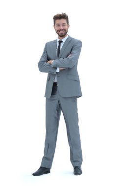 Kendine güvenen başarılı iş adamı beyaz adam gri takım elbise