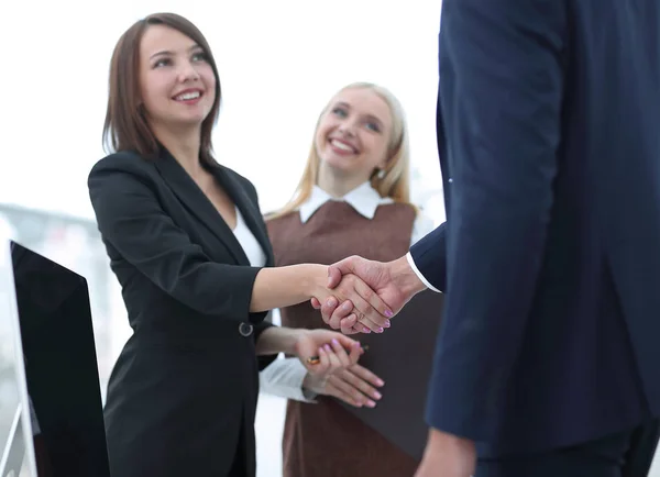 Geschäftskollegen beim Händeschütteln nach erfolgreicher Präsentation. — Stockfoto