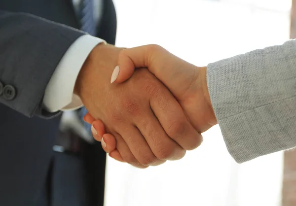 Vzrušený usmívající se podnikatel metoda handshaking partnera na zasedání, — Stock fotografie