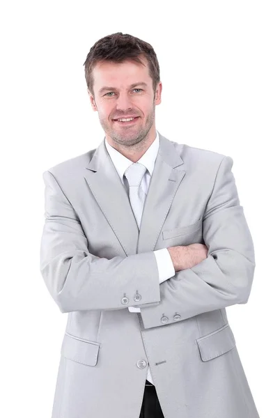 Retrato de jovem empresário em um terno cinza . — Fotografia de Stock