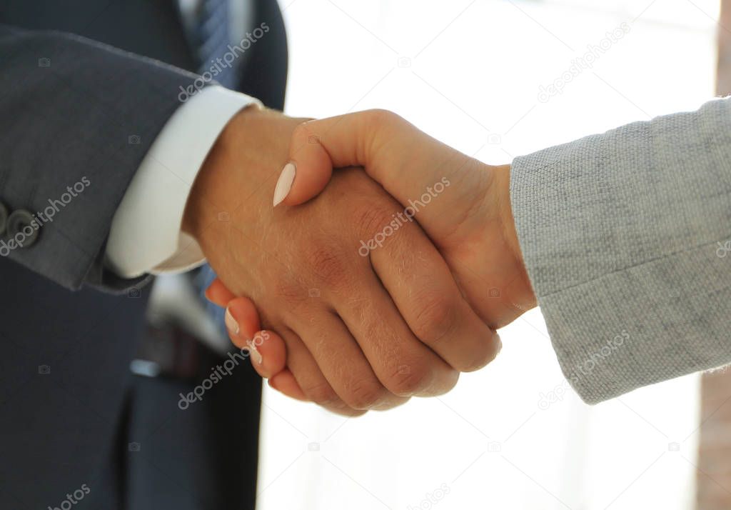 Excited smiling businessman handshaking partner at meeting,