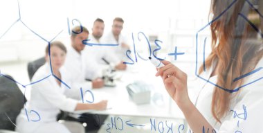 Kadın bilim adamı meslektaşlarına rapor veriyor.