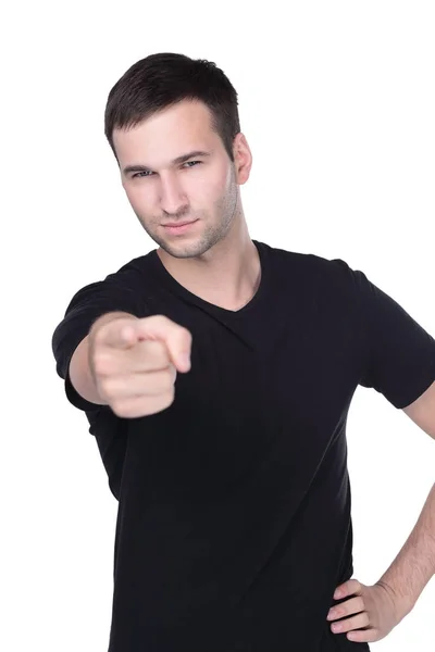Jonge man wijst een vinger recht op wit wordt geïsoleerd — Stockfoto