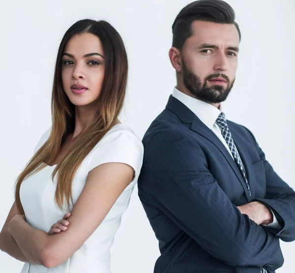 Portret van mensen uit het bedrijfsleven rug aan rug tegen witte pagina — Stockfoto