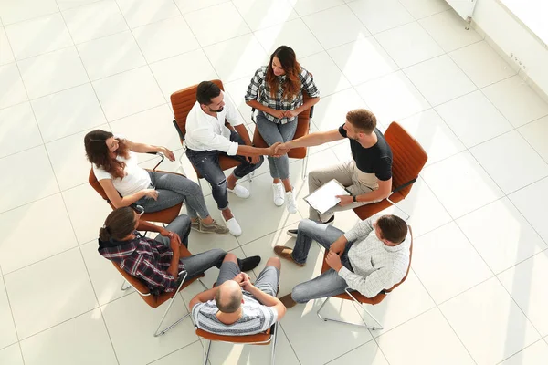 View from the top.a handshake with colleagues — Stock Photo, Image