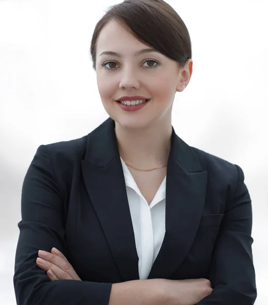 Exitosa joven mujer de negocios en el fondo de la oficina . —  Fotos de Stock