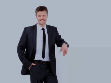 Yakışıklı iş adamı yanındaki afiş standları