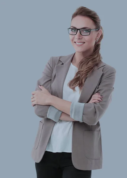 Mooie lachende zakelijke vrouw geïsoleerd grijze achtergrond. — Stockfoto