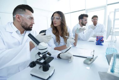 Grup genç bilim adamı bir çalışmanın sonuçlarını tartışıyor