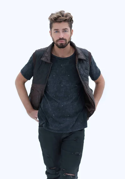 Mens casual outfits står på en grå grunge bakgrund — Stockfoto