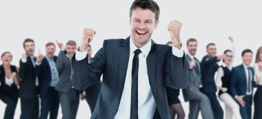 Kollarını kaldırdı ile çok mutlu bir enerjik işadamı
