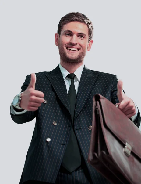 Šťastný obchodník jde palec nahoru, izolovaný na bílém — Stock fotografie