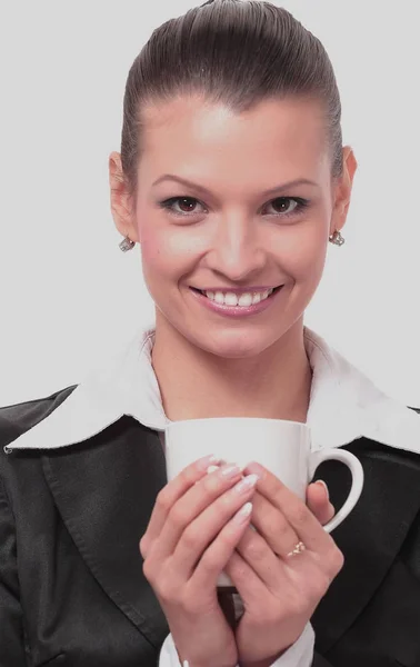 Smiling business woman drink cofee — Stock Photo, Image