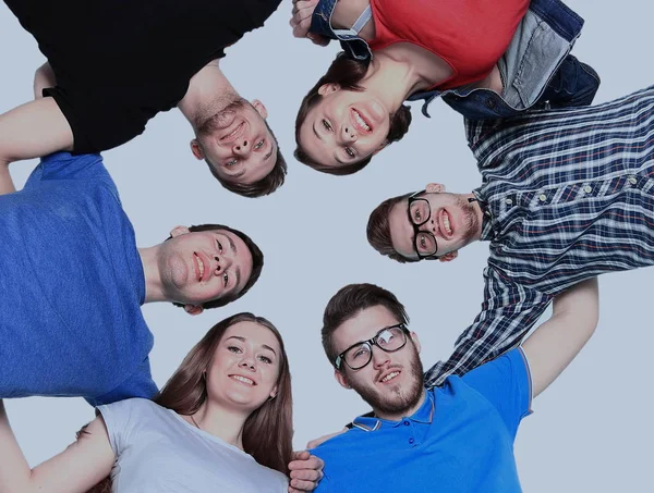 Étudiants collégiens confiants formant huddle sur fond blanc — Photo