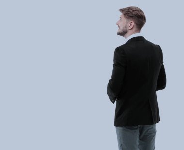 Beyaz arka plan üzerinde izole bir şey bakarak iş adamı