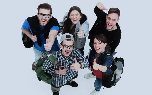 Vista superior. Feliz sorrindo jovem grupo olhando para a câmera . — Fotografia de Stock