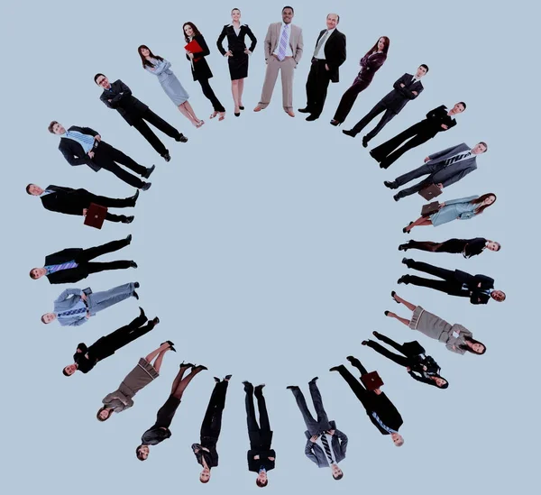 Collage of business people standing around an empty circle — Stock Photo, Image