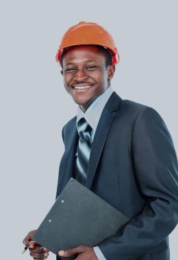 Afrikalı-Amerikalı mühendis bir üzerinde beyaz arka plan