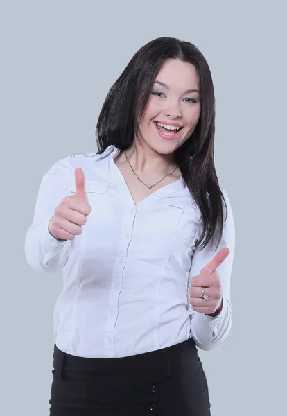 Erfolgreiche Geschäftsfrau posiert vor grauem Hintergrund. — Stockfoto