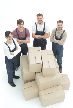 Taşıma kutuları, beyaz adam izole mutlu gülümseyen nakliyeciler