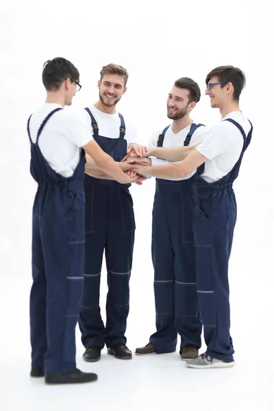 Team of movers showing unity, People putting their hands togethe — Stock Photo, Image