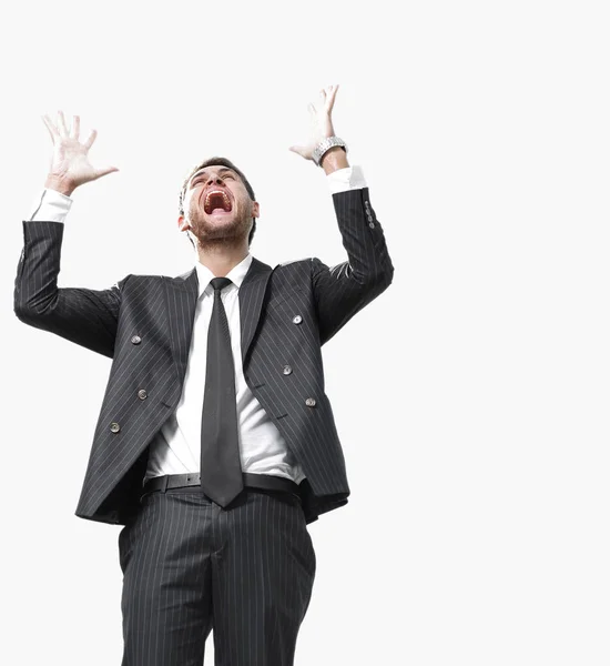 Retrato, empresario triunfante, aislado sobre fondo blanco —  Fotos de Stock