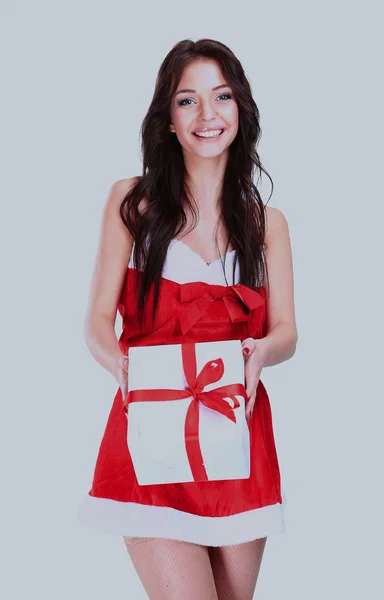Noel Noel Baba kadın tutun hediye. — Stok fotoğraf