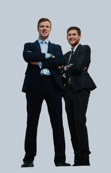Dvě šťastné mladých podnikatelů plné tělo, izolované na bílém. — Stock fotografie