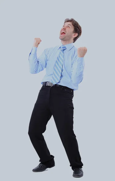 One very happy energetic businessman with his arms raised. — Stock Photo, Image